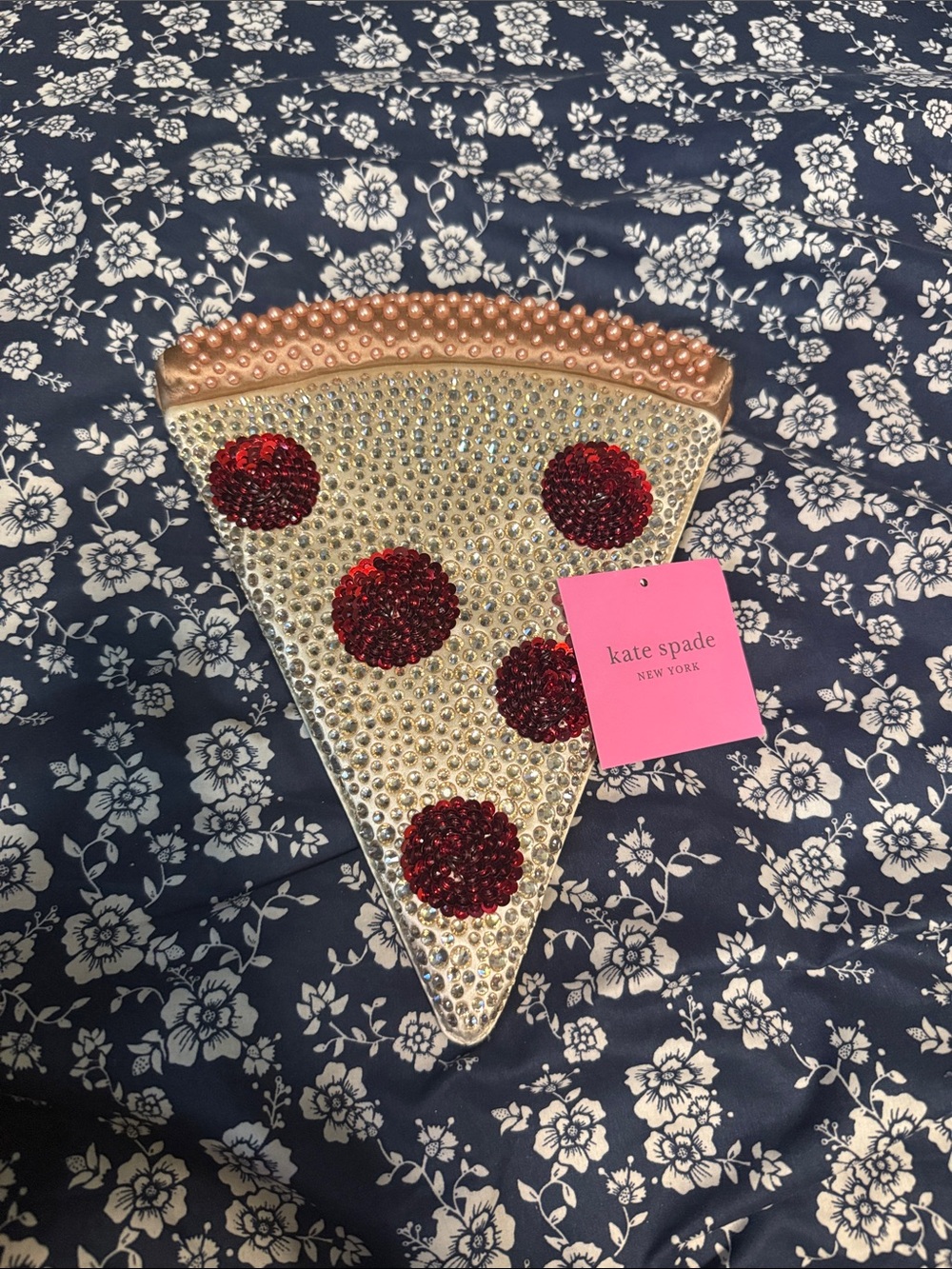 kate spade gold crystal pizza slice wristlet with red accents